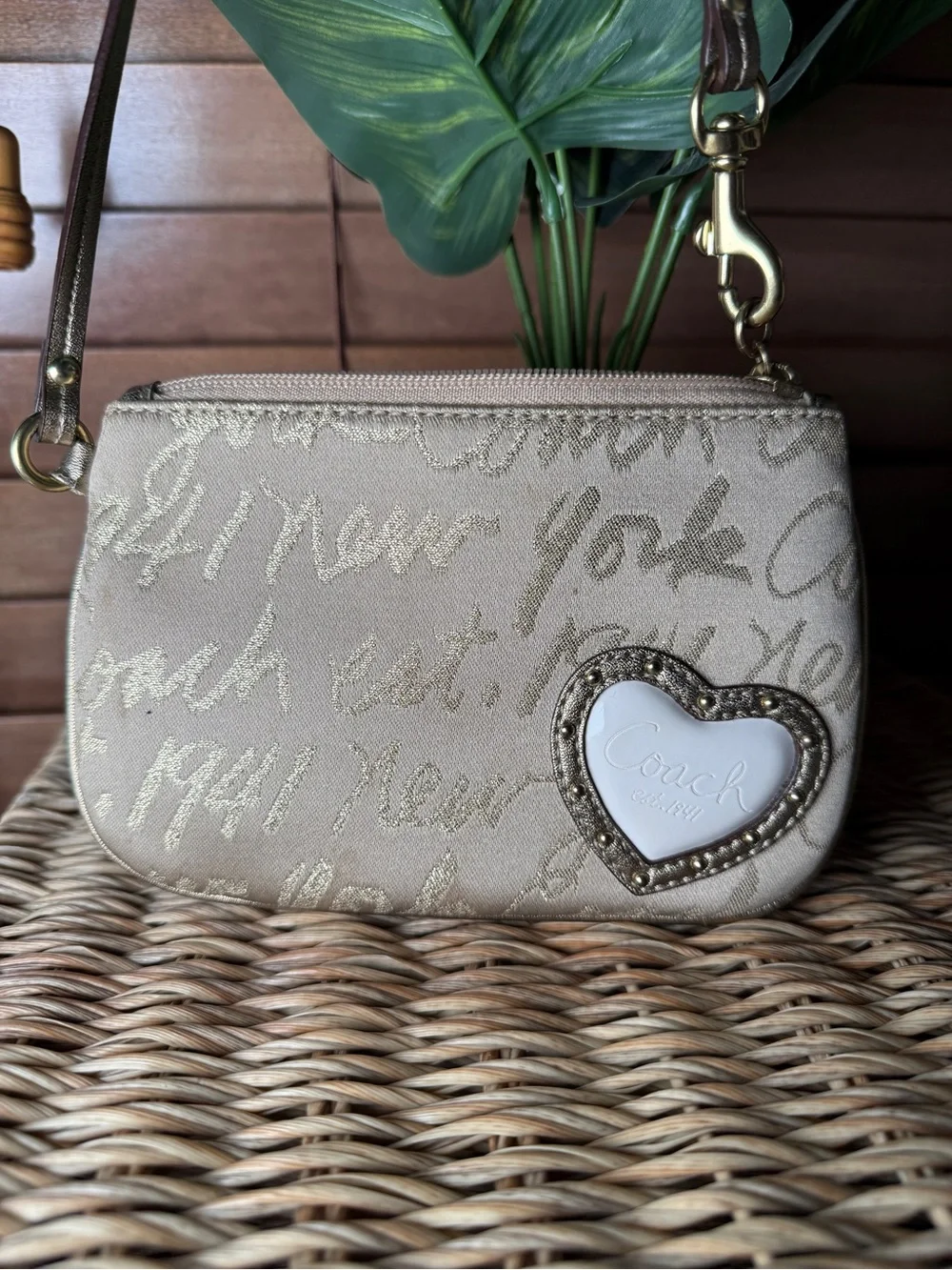 Coach Beige Script Wristlet with Heart Patch